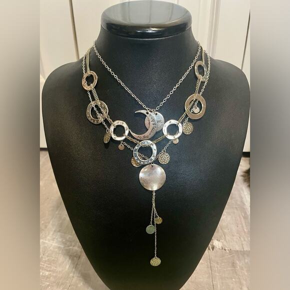 Jewelry - Silver tone necklace bundle, sun and moon, hammered metal, multistrand